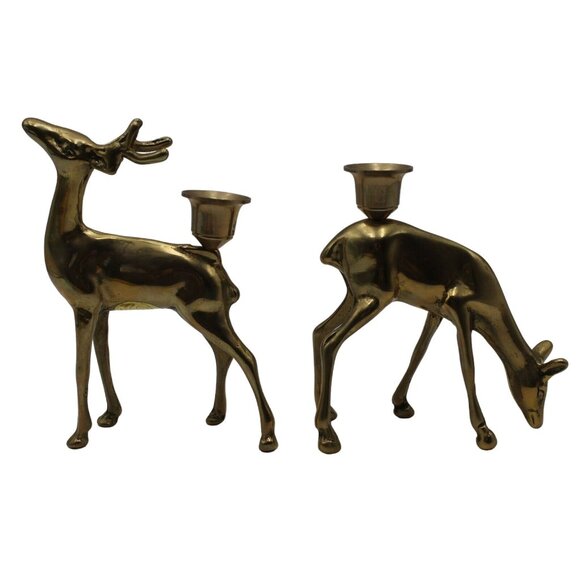 Solid Brass Buck and Doe Reindeer Figurine Candle Holder Set Price Products Vtg - Picture 5 of 11